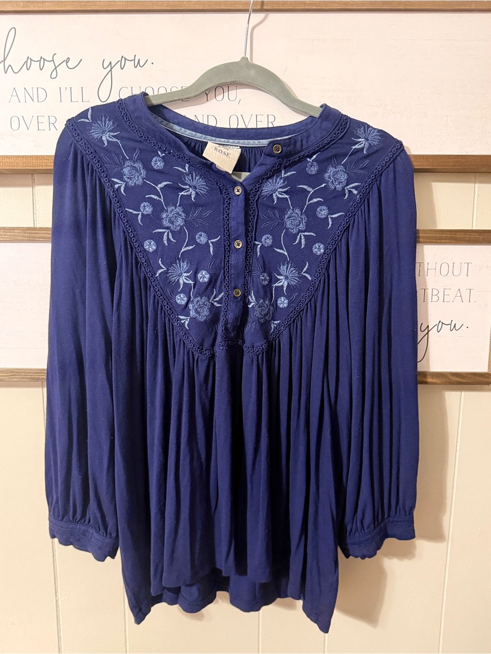 Knox Rose Navy Floral Embroidered Peasant Top